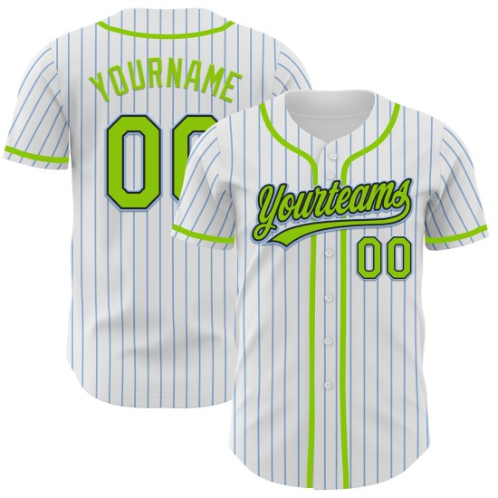 Maillot de baseball blanc clair, vert et noir, personnalisé, authentique, rayures bleues fluo Maillot de baseball blanc clair, vert et noir, personnalisé, authentique, rayures bleues fluo